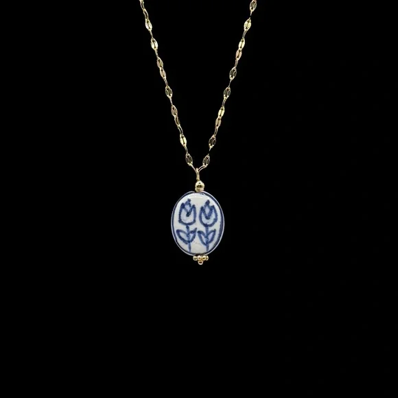 Blue and White Floral Ceramic Pendant on Stainless Steel Necklace - Picture 13 of 13